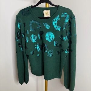 Emily Mccarthy Emerald Green Leopard Print Sequin Sweater